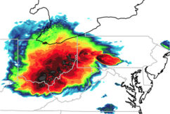 Detail of upwelling radiation from simulated meteorology of the June 30th, 2012, North American Derecho using the E3SM-SCREAM model at 1.6km grid spacing over the Northeastern United States. This derecho, a line of intense, widespread, and fast-moving wind- and thunderstorms, was one of the most deadly and costly in North American history. Image courtesy of Paul Ullrich.